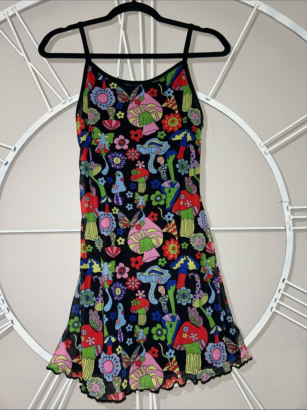Current Mood Dolls Kill Wo Wo Black Mini Dress w Multi Mushroom Floral Print